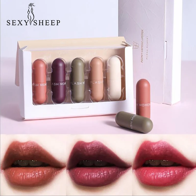 

5pcs Matte Lipstick Set Long-Lasting Moisturizer Velvet Lipstick Set Red Tint Batom Makeup Set Mini Capsule Lipstick Kit