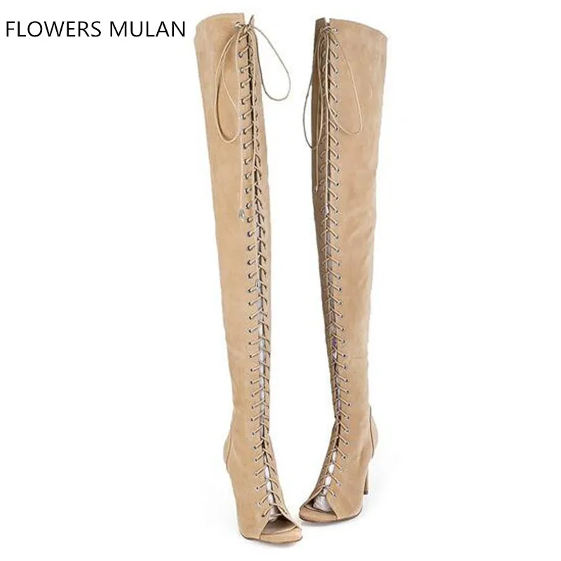 New Design Fashion Women Long Boots Over-the-Knee Sexy High Heel Peep Toe Cross Tied Lady Boots Spring Autumn Fall Shoes