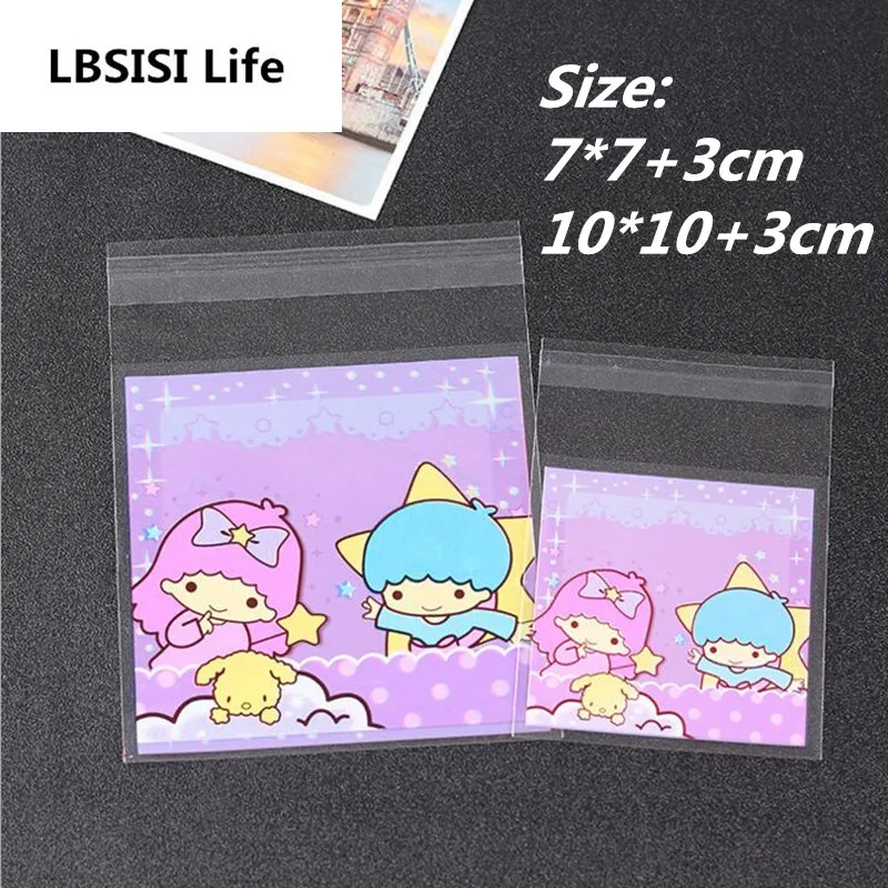 

100pcs 7*7 10*10+3cm Cute Purple Double People Gemini Resealable Bags Gift Bags Of Biscuits Candy Cookie Bags Handmade Bag