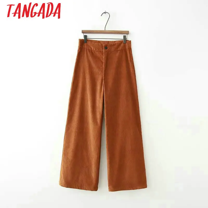 

Tangada Women Vintage Brown Corduroy Trousers Pants Zipper Pocket Pants Casual Fashion Female Wide Leg Pants XD147