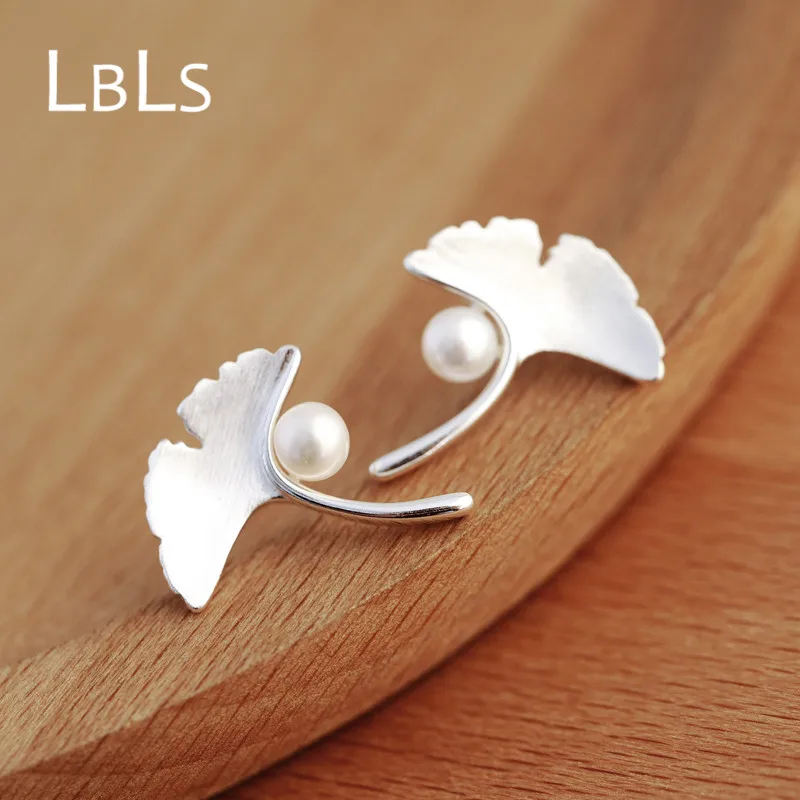 

LBLS Real 925 Sterling Silver Ginkgo Leaf Stud Earrings Chinese Flower Style Simulated Pearl Sterling Silver Jewelry Earring