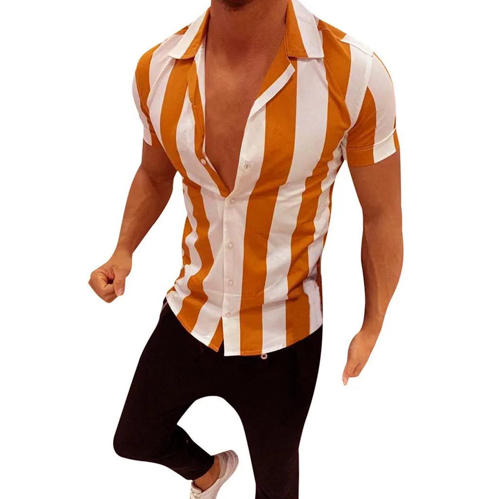 Большие размеры Модная полосатая Мужская рубашка Лето винтажный уличный с короткими рукавами мужские повседневные тонкие рубашки Fit Camisa Masculina