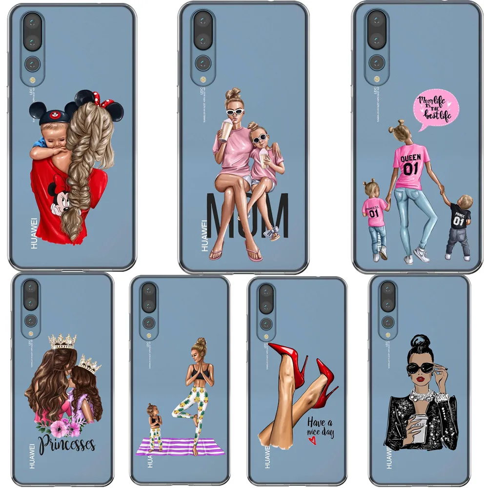 

VOGUE Female boss coffee girl Boys Black Brown Hair Baby Mom Minnie Soft Phone Case For Huawei P8 P9 P10 P20 Lite Mate 10 20 Pro