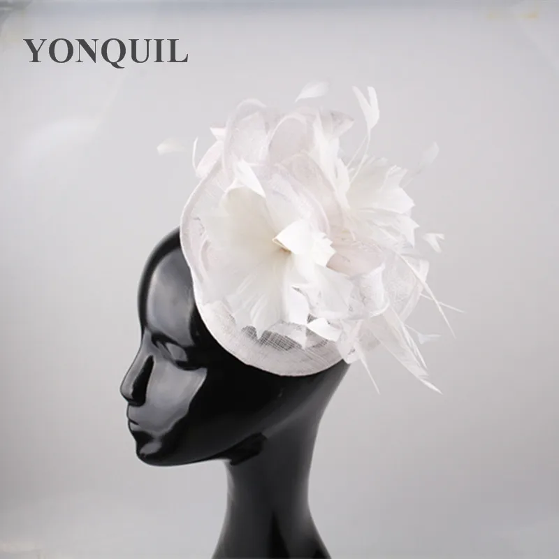 White Sinamay Fascinator base with feather hat party flower headpiece