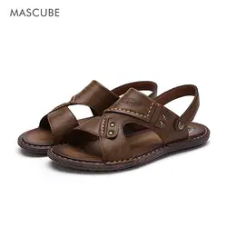 Mascube 2017 Англия Стиль кожаные мужские сандалии чёрный; коричневый ручная Вышивание мужские летние туфли дышащая пляжная обувь Прохладный