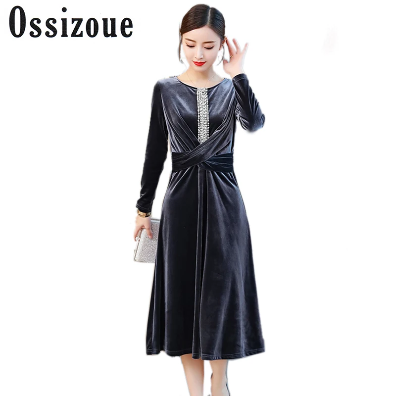 

2018 Autumn Women Vintage Beading Elegant High Waist A-Line Velvet Dress Midi Dress Long Sleeve High Quality Fashion Robe Femme