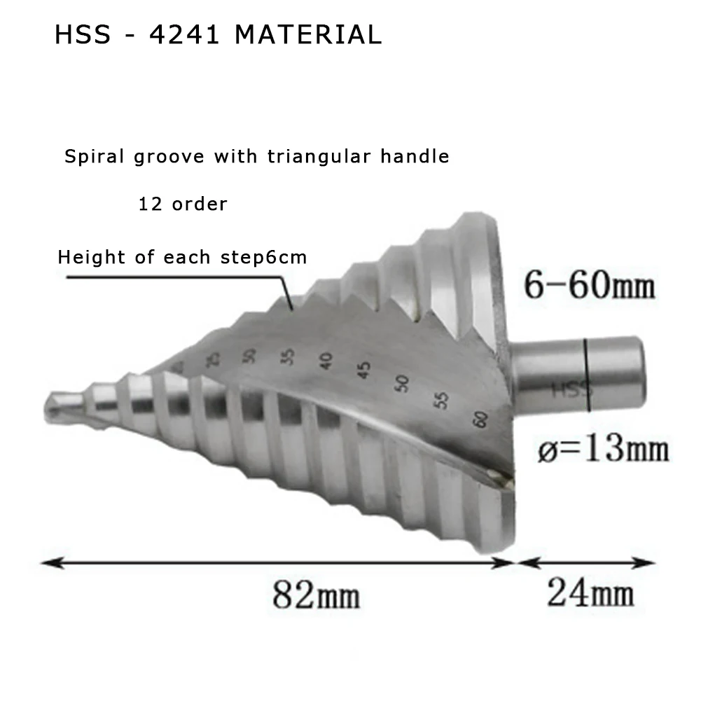 6-60 мм Шаг сверло 12 шагов бит хвостовик 13 мм спиральный паз шаг резак для сверления отверстий 12 шагов: 6,10, 15,20, 25,30, 35,40, 45,50, 55,60 мм