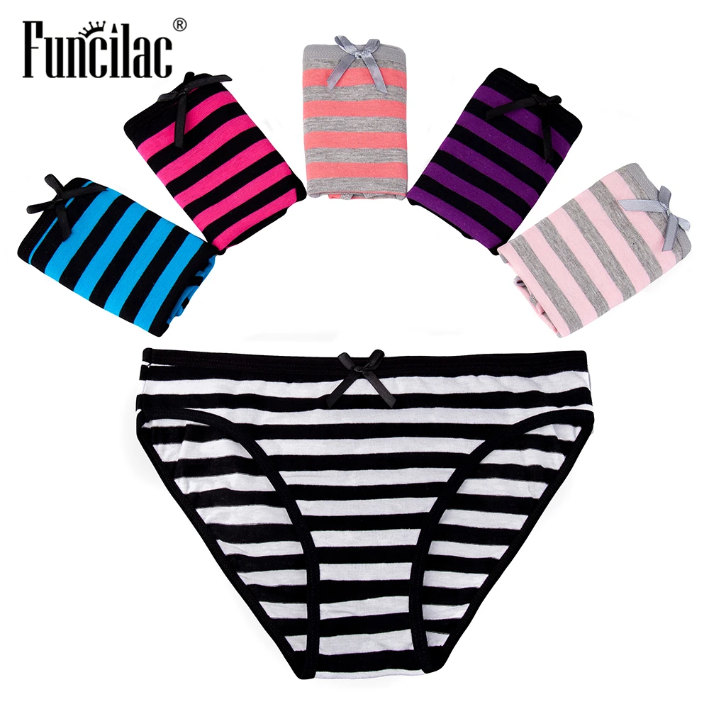 

FUNCILAC Woman Underwear Cotton Briefs Sexy Ladies Panties Low Rise Intimates Striped Lingerie for Women Plus Size 5 Pcs/set