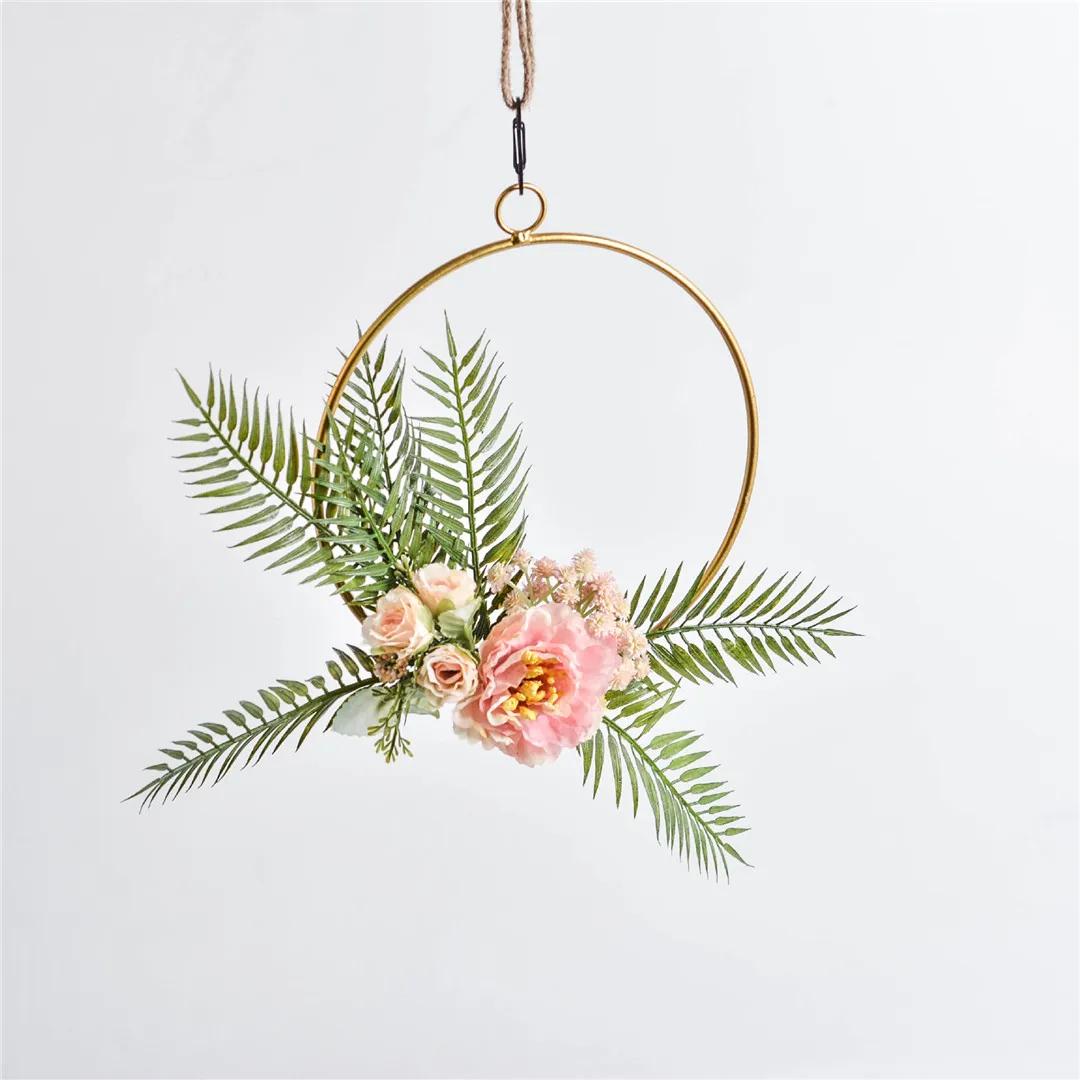 Cilected wrought iron Floral Hoop Wreaths Gold Geometric Wedding Ornaments Wall Hanging Decor Artificial Peony Flower Wreath