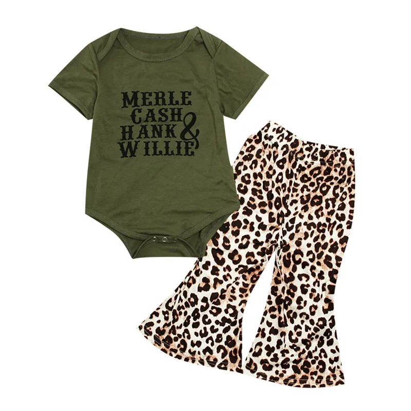 Комплекты детской одежды с леопардовым принтом детская одежда для маленьких девочек боди с длинными рукавами и надписью+ расклешенные штаны с принтом roupa infantil - Цвет: Green A