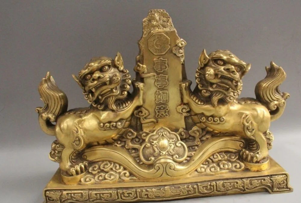 

11.5" Chinese Fengshui Brass Foo Fu Dog Guardion Lion Eight Diagrams Statue Pair