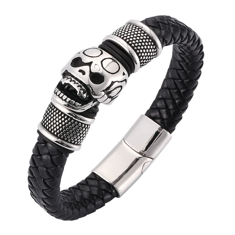 

Punk Style Men Bangle Stainless Steel Skull Head Charms Trendy Male Bracelet Black Wide Braided Leather Bracelets Jewelry BB0069