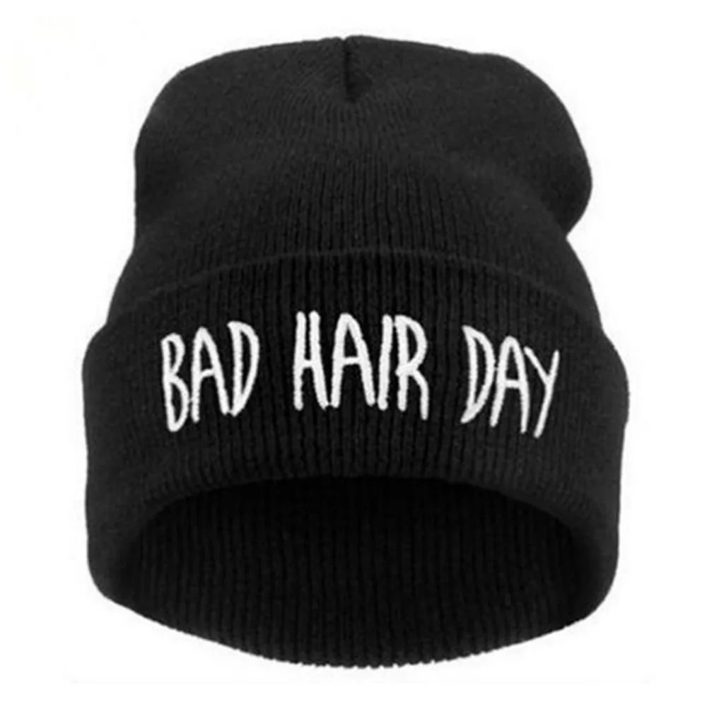 Зимние шапки унисекс для мужчин и женщин, шапка с надписью «Bad Hair Day», Шапка-бини с застежкой сзади, женская вязаная шляпа панка в стиле хип-хоп