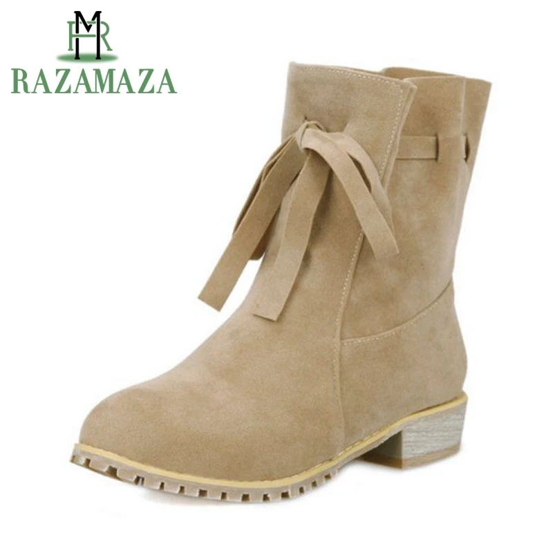 

RAZAMAZA Size 32-48 Women Flat Half Short Boots British Fashion Lace-up Round Toe Botas Winter Warm Boot Brand Footwear Shoes