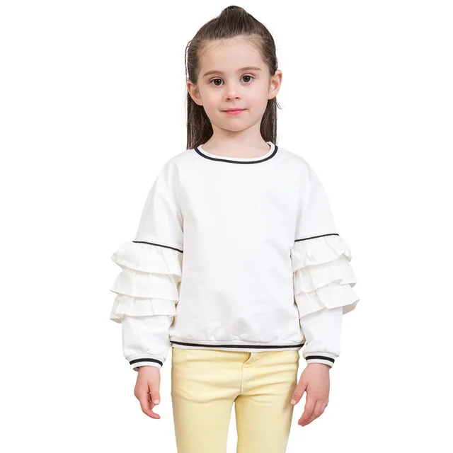 LCJMMO Girls T Shirts 2018 New Long sleeves Cotton White Solid Ruffle