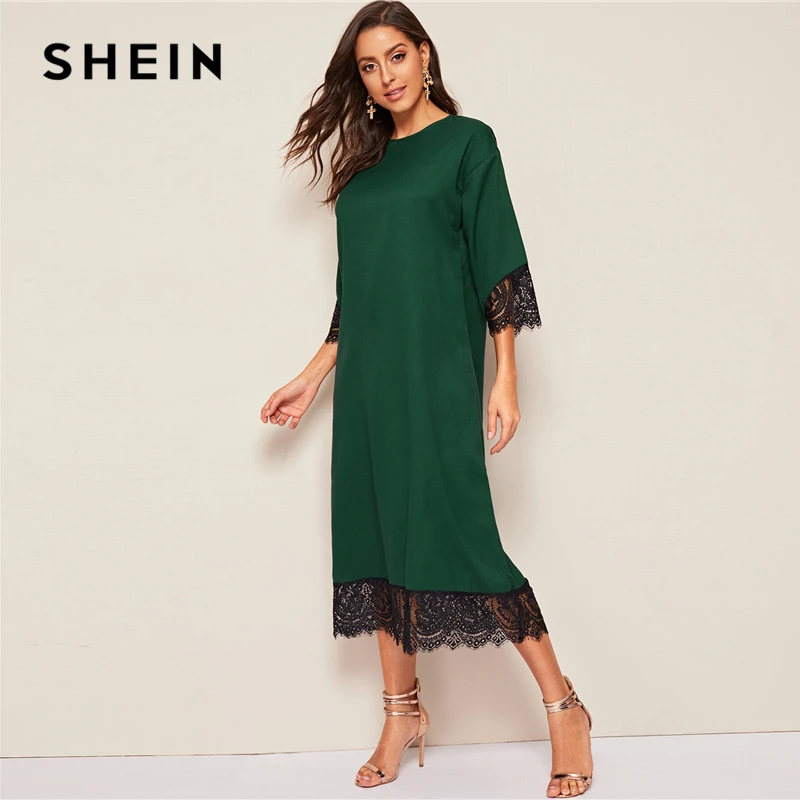 SHEIN أنيق العباءة الأخضر رمش الدانتيل تنحنح مربوط تونك فستان طويل المرأة أنيقة الصلبة الصيف الخريف مكتب سيدة مستقيم فساتين