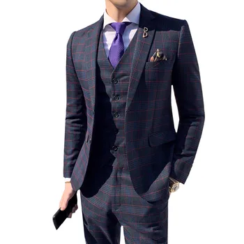 

Mens Suits With Pants 3 Pieces Suit Vest Retro Plaid Slim Fit Business Casual Formal Wedding Suits Set formal Dress Tuxedo 2019
