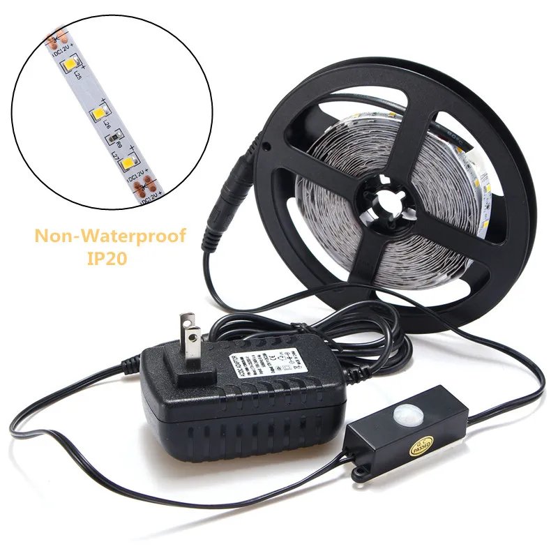 

Smuxi Warm White 5M RGB Led Strip Light 12V DC 3528 SMD 300 Leds Light Withe Auto PIR Motion Sensor Switch Adapter