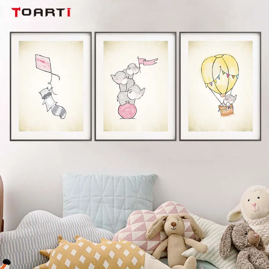 Cartoon Animals Balloon Adventure Wall Art Adorable Canvas Painting Colorful Vintage Poster&Prints Kids Bedroom Home Decor Mural (3)