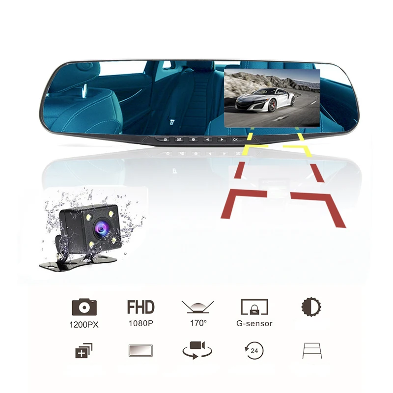 

4 Inch Car Rearview Mirror Video Monitor Rear View Camera Built-In Speaker Cycle Recording HD Dual Lens Car Cam