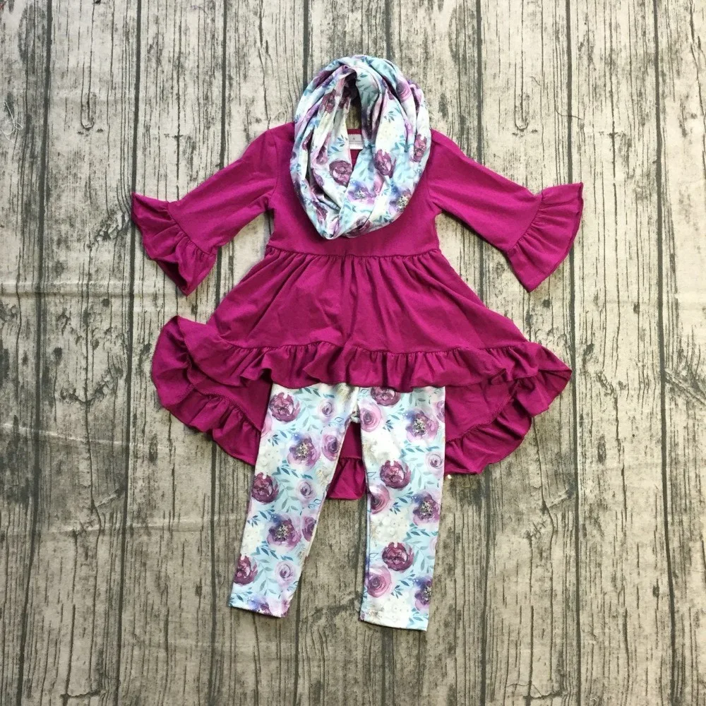 

new baby girls fall/winter 3 pieces sets scarf ruffle boutique children milk silk cotton clothes pulm floral dress top outfits