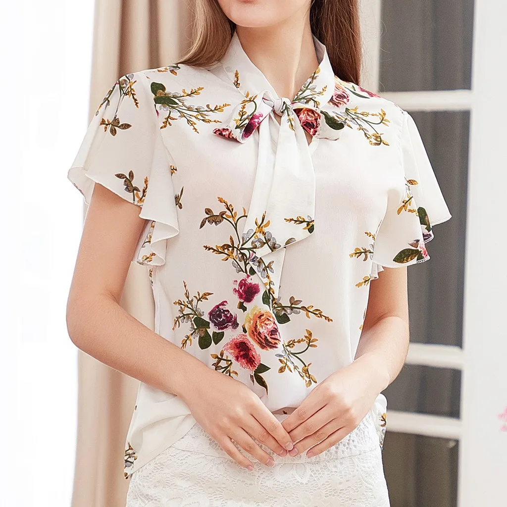 Модная блузка женская Повседневная шифоновая рубашка с рукавами-оборками летние топы белые женские элегантные модные блузки размера плюс