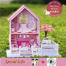 Большой миниатюрный кукольный домик DIY деревянная Розовая модель кукольного домика вишневые цветы девушка день рождения Рождественский подарок детские игрушки