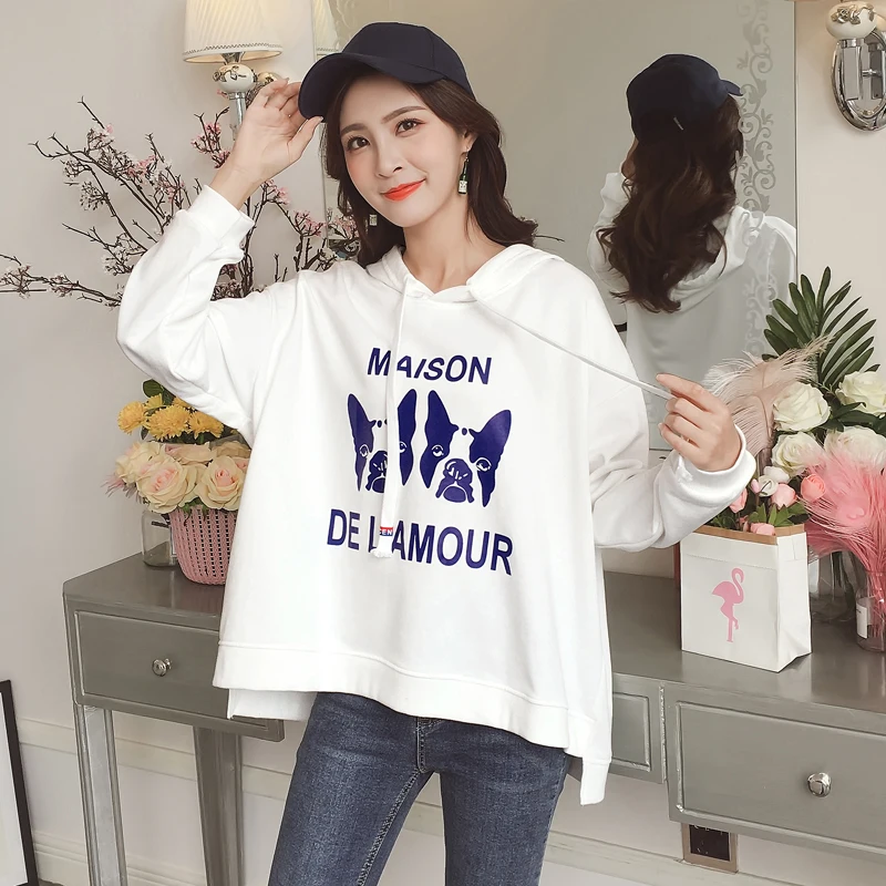 2 cute dogs Printed Fashion autumn winter white Hoodies Harajuku Womens loose Characteristic Hem Design Long Sleeve Sweatshirt Hoodies