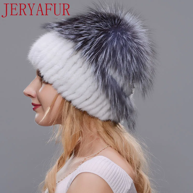 JERYAFUR, русская вязаная шапка, новинка, шапка из норки и лисы, шапка из натурального меха, шапка, зимняя женская Лыжная шапка, защита ушей - Цвет: COLOR4