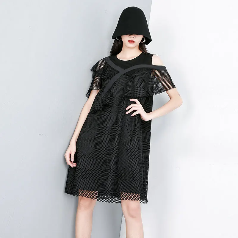 

Women Summer Short Sleeve Off The Shoulder Loose Casual Party Night Club Sexy Mesh Dress Female Streetwear Punk Gothic Dress