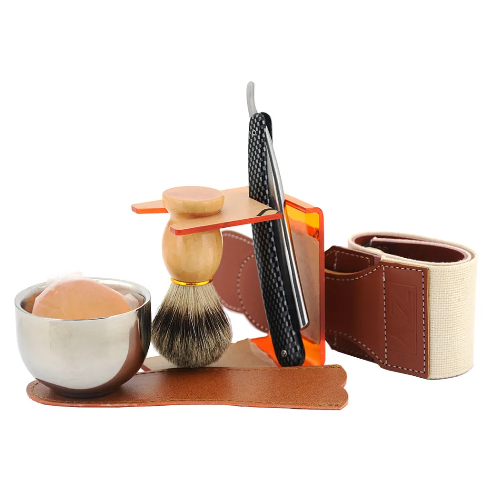 

ZY 7pcs Barber Shaving Set Gold Dollar Straight Razor Shaving Razor Men Badger Beard Brush Bowl Soap Stand + Leather Strop