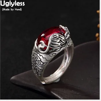 

Uglyless Real S 990 Silver Luxury Chalcedony Women Palace Designer Open Rings Handmade Peacock Ethnic Ring Retro Patterns Bijoux