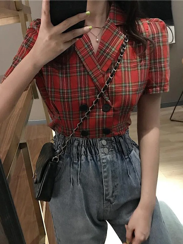 

New Hong Kong Chic Design Sense for Summer 2019 Short-sleeved Double-breasted Blouse with Small Popular Chequered Suit Collar