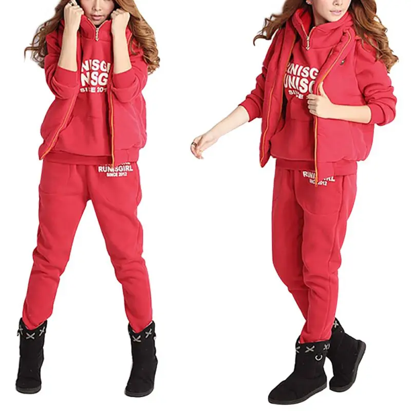 3PCS Running Sets Womens Hoodies Warm Women letter Tracksuit Set Thicken Sweat Tops Pants Suit Female Plus Velvet Thick Clothing