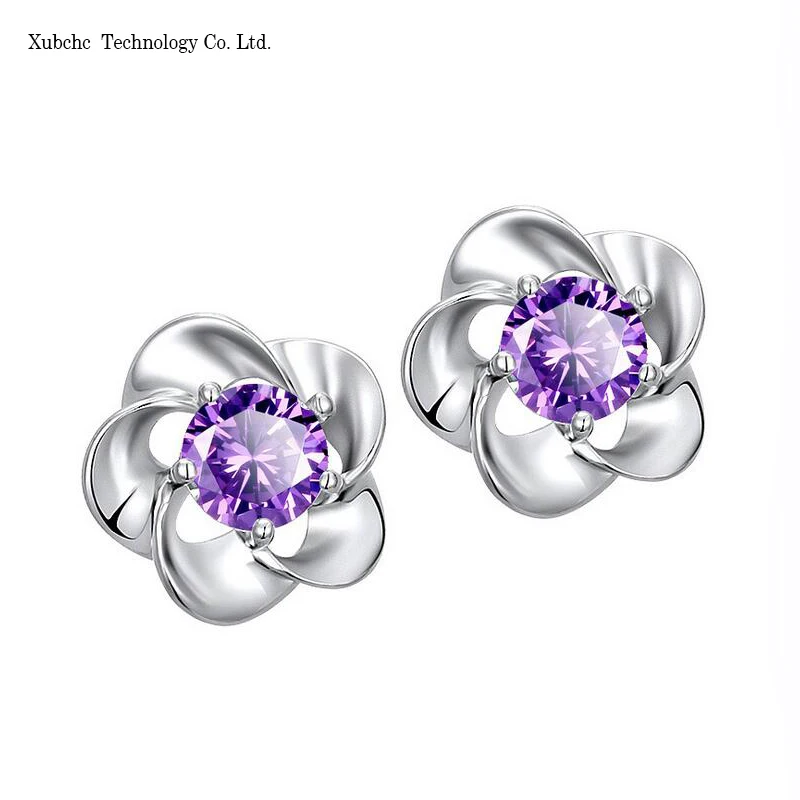 

Many Style Rose Flower Stud Earring Zircon Crystal Brand Silver Purple Plum Flower Silver Earrings For Women Fashion Jewelry