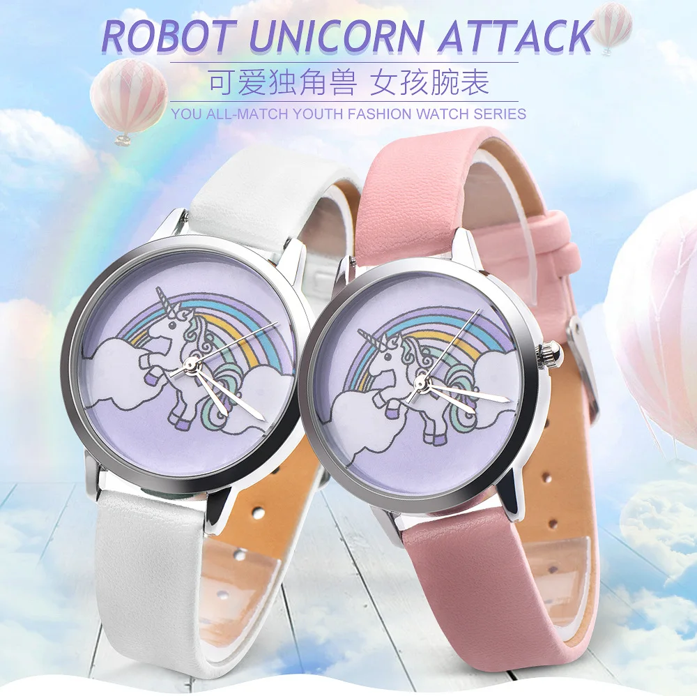 

Unicorn Watch Children's watches Carton Rainbow Animal Kids Girls Leather Band Analog Alloy Quartz Watches Ladies wristwatches