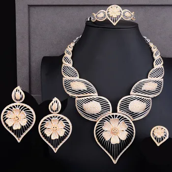 

GODKI Luxury Hollow Waterdrop Flower 4PCS African Jewelry Set For Women Wedding Cubic Zircon Nigeria Dubai Gold jewelry Set 2019