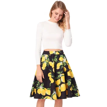 

2019 Vintage Women Ladies Lemon Print Midi Skirts High Waist Pleated Knee Length Skirts
