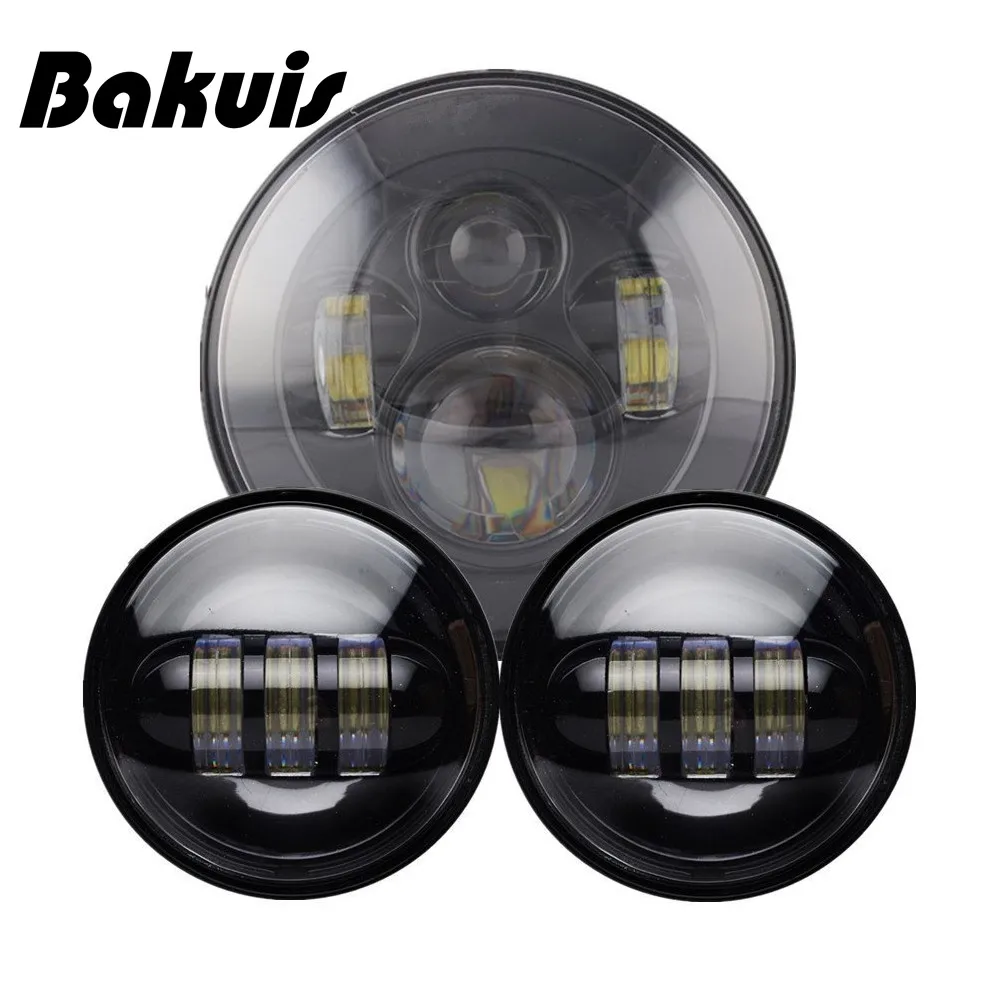 

Bakuis Black 7" Round Projector moto Headlight with Matching 2Pcs 4.5" Auxiliary Fog Light For Harley Davidson Motorcycle
