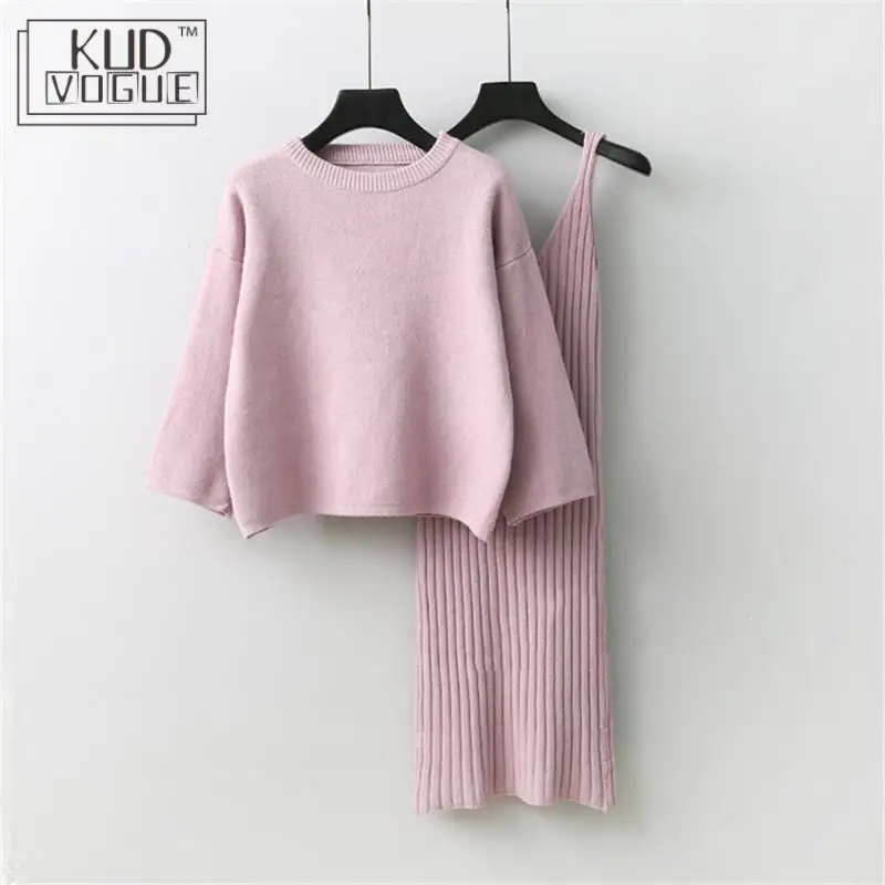 

2019 Autumn Womans Sweater + Straped Dress Sets Solid Color Female Casual Two-pieces Suits Loose Sweater Knit Mini Dress Winter