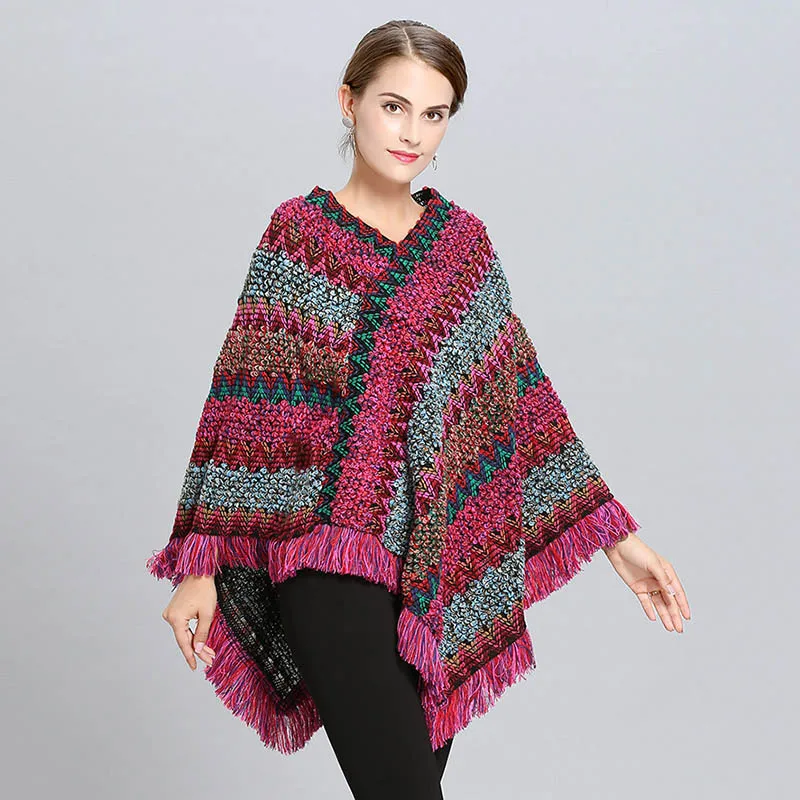 Abrigo Mujer, пончо, накидка, зимнее пальто для женщин, пончо, capas, летучая мышь, пуловер в цветную полоску, вязанный, роскошный бренд, палантин с кисточками, 115 - Цвет: Розово-красный