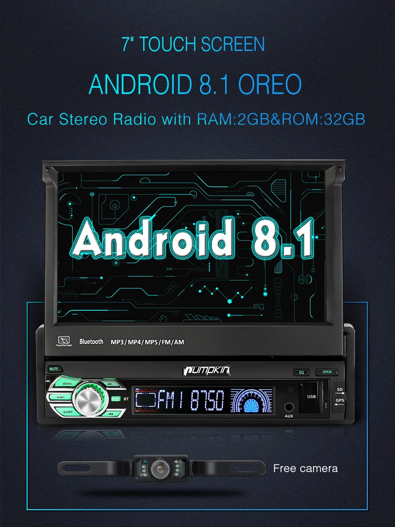 Pumpkin 7" Android 10.0 Autoradio 1 DIN GPS Navi DAB USB RDS WIFI 32GB Bluetooth 