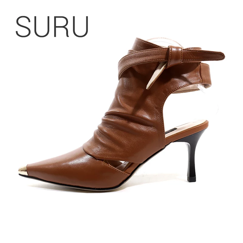 

SURU Ladies Natural Leather Ankle Strap Slingbacks Heels Women Sexy Pointed Toe 3" High Heeled Pumps Plus Size 34-42