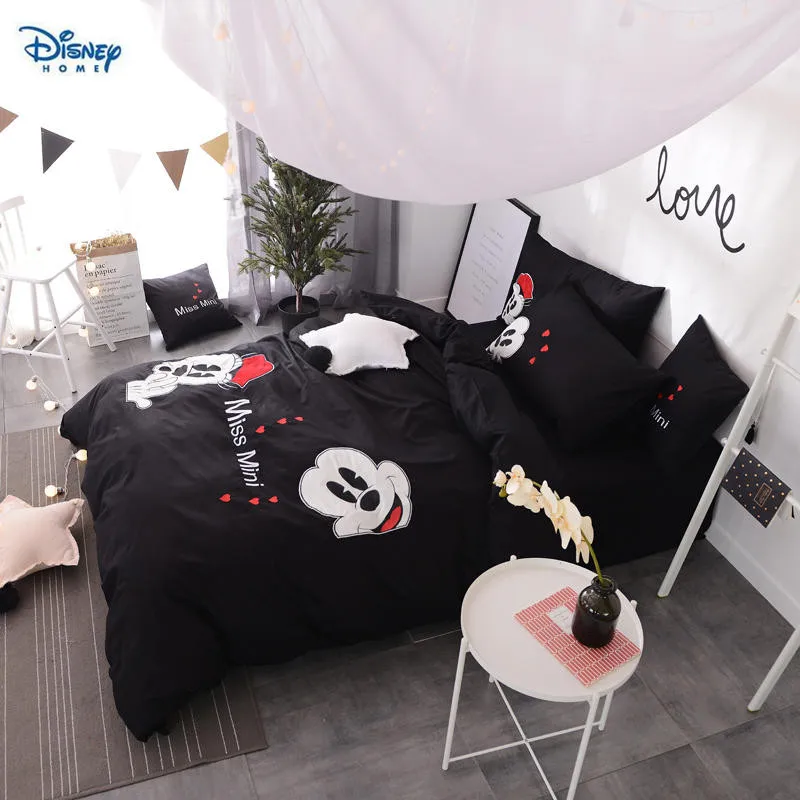 Black White Mickey Minnie Mouse Bedding Set For Couple Bedroom