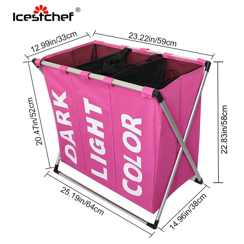 ICESTCHEF 600D أكسفورد القماش الملابس القذرة سلة الغسيل الحمام سلة الغسيل للطي تخزين مقسم حقيبة 3 تقلد