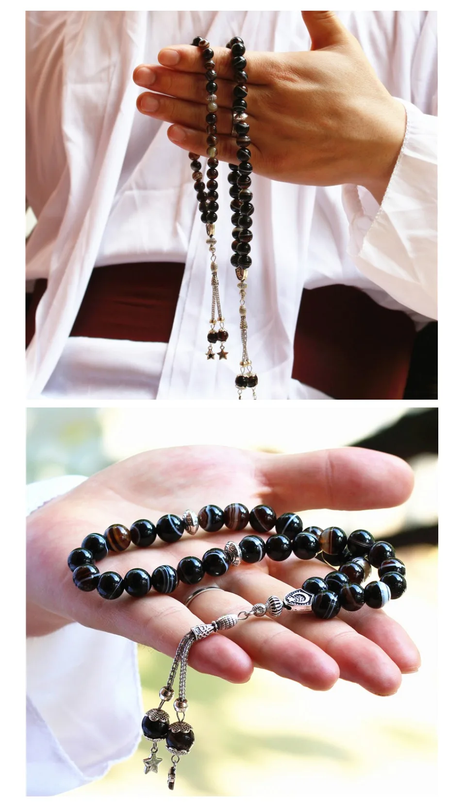 LOSHEREN 8MM 10MM Natural Stone Black Agates Stone Beaded Bracelets 33 Prayer Beads Islamic Muslim Tasbih Allah Mohammed Rosary