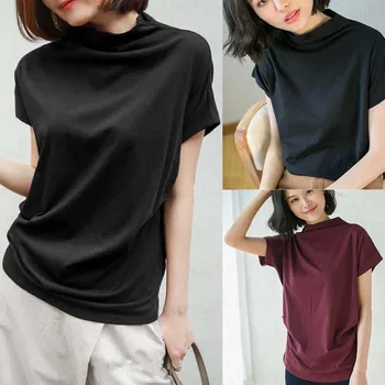 

Summer Women Turtle Neck Solid Tops 2019 New arrival Short Sleeve Casual Loose Shirt Plus Size S-3XL Hot