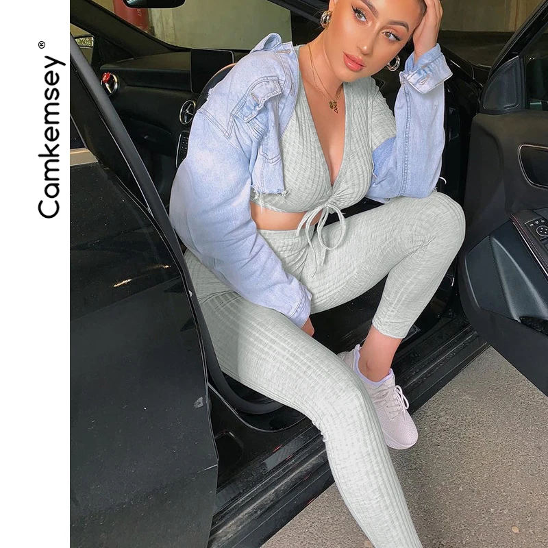 

2019 Women Workout Two Piece Sets Clothes Autumn Ribbed Knitted Drawstring Cropped Tops Elastic Waist Fitness Pants Tracksuits