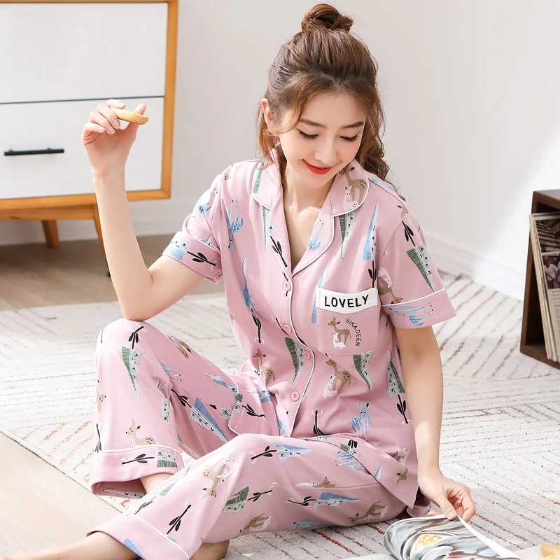 

Lady Sleepwear Sets Leisure Clothes Spring Thin Short Sleeved Women Pajamas Cactus Printing Pyjamas Lovely home clothing XXL