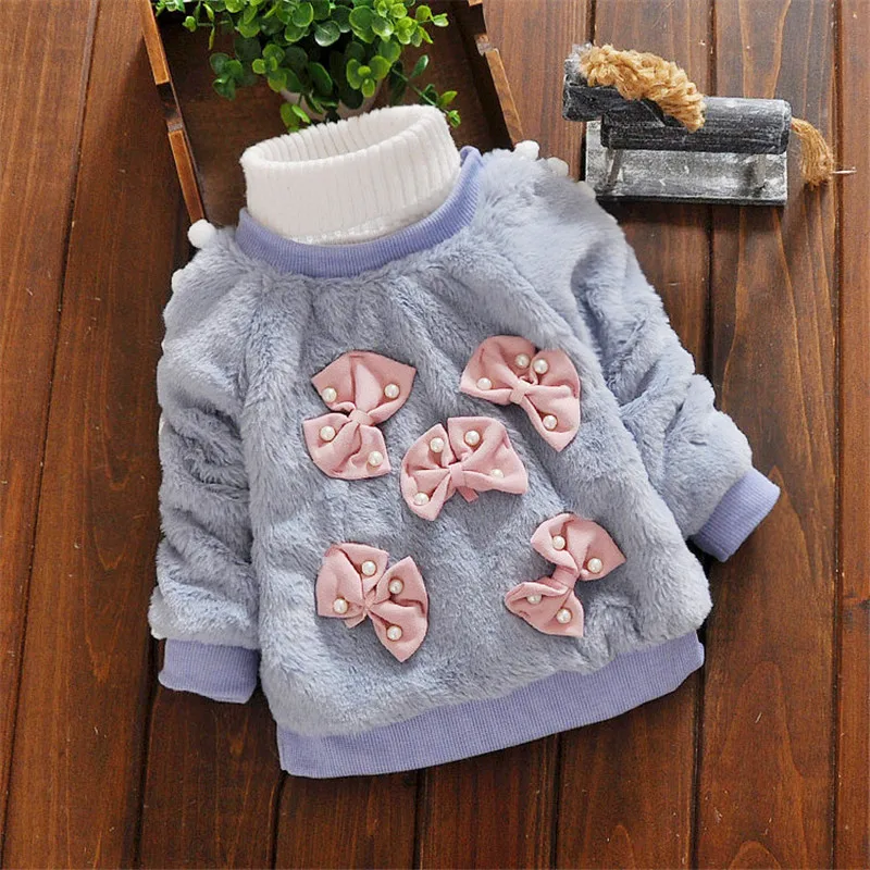 

BibiCola kids girl sweater 2018 winter new children cartoon bow sweaters toddler girls plus velvet casual Plus velvet sweaters